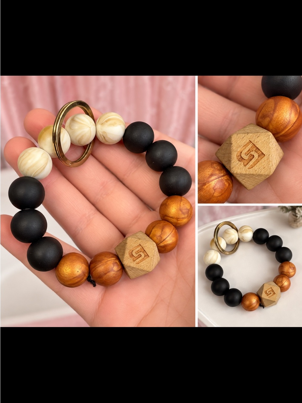 Wood & Matte Bead Stretch Bracelet with Gold Ring - Black, Cream, Copper